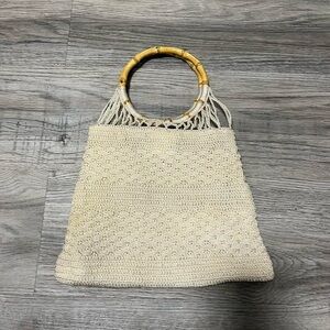 Elegant Cream Crochet Tote Bag with Bamboo Handles